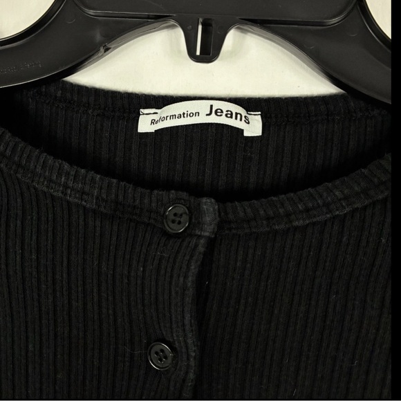 Reformation Black Ribbed Long Sleeve Button Top S Tencel Cotton Minimalist - Picture 2 of 3